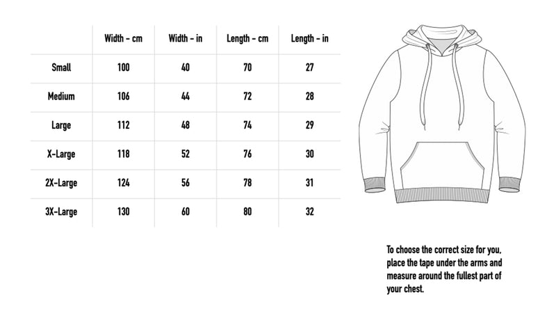 Size chart for Devil Hoodie - Black